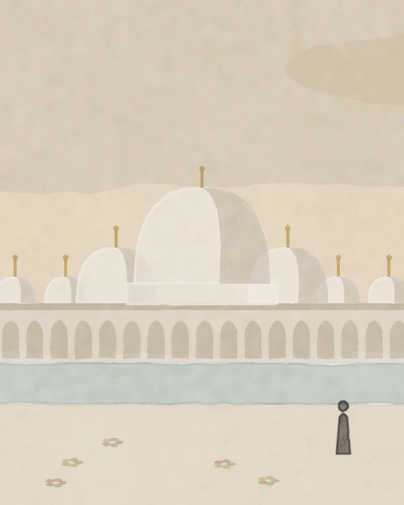 Watercolour of Abu Dhabi: the white domes and minarets of the Sheikh Zayed Grand Mosque above a reflecting pool, with a small figure in an abaya walking along the arcade.