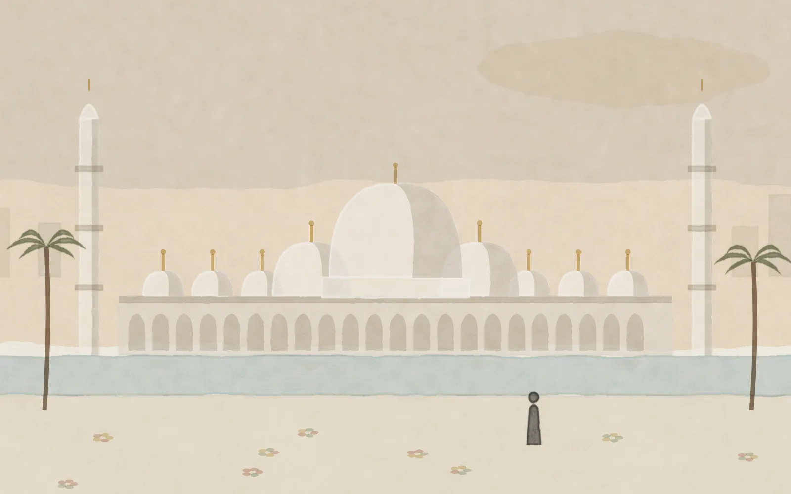 Watercolour of Abu Dhabi: the white domes and minarets of the Sheikh Zayed Grand Mosque above a reflecting pool, with a small figure in an abaya walking along the arcade.