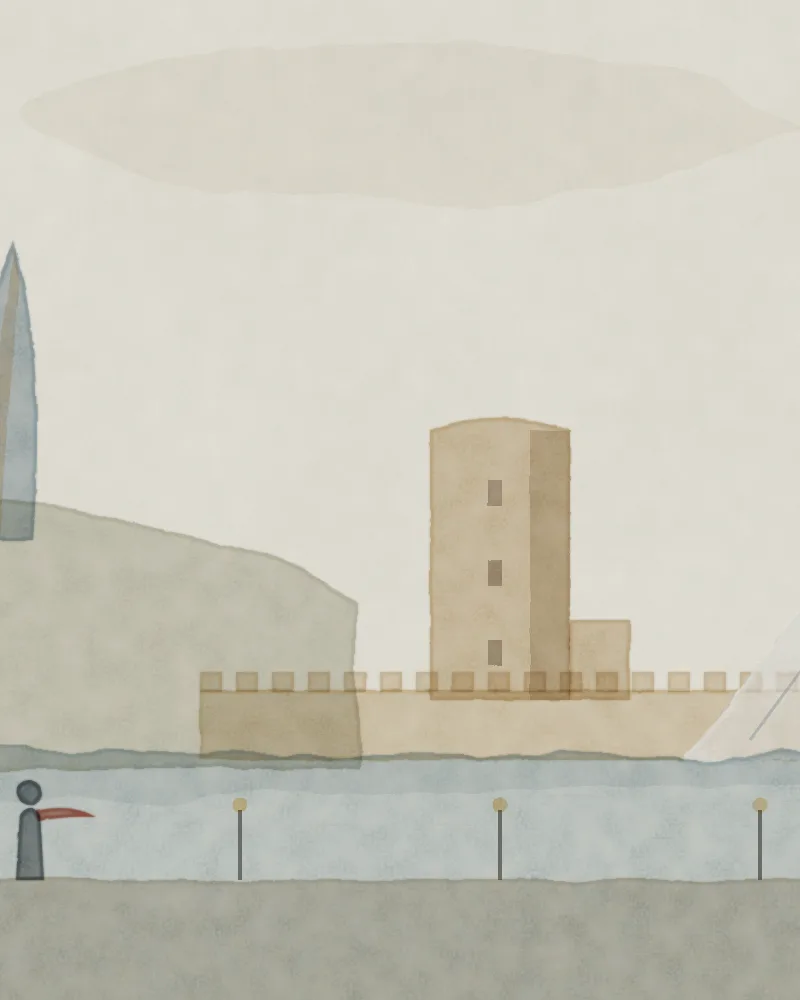 Watercolour of Baku: the white wave of the Heydar Aliyev Center, the three Flame Towers on the hill and the Maiden Tower above the Caspian