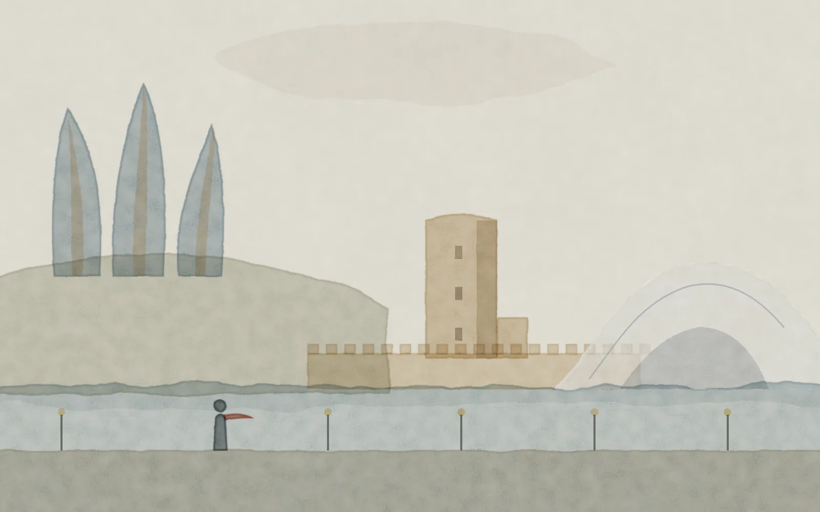 Watercolour of Baku: the white wave of the Heydar Aliyev Center, the three Flame Towers on the hill and the Maiden Tower above the Caspian