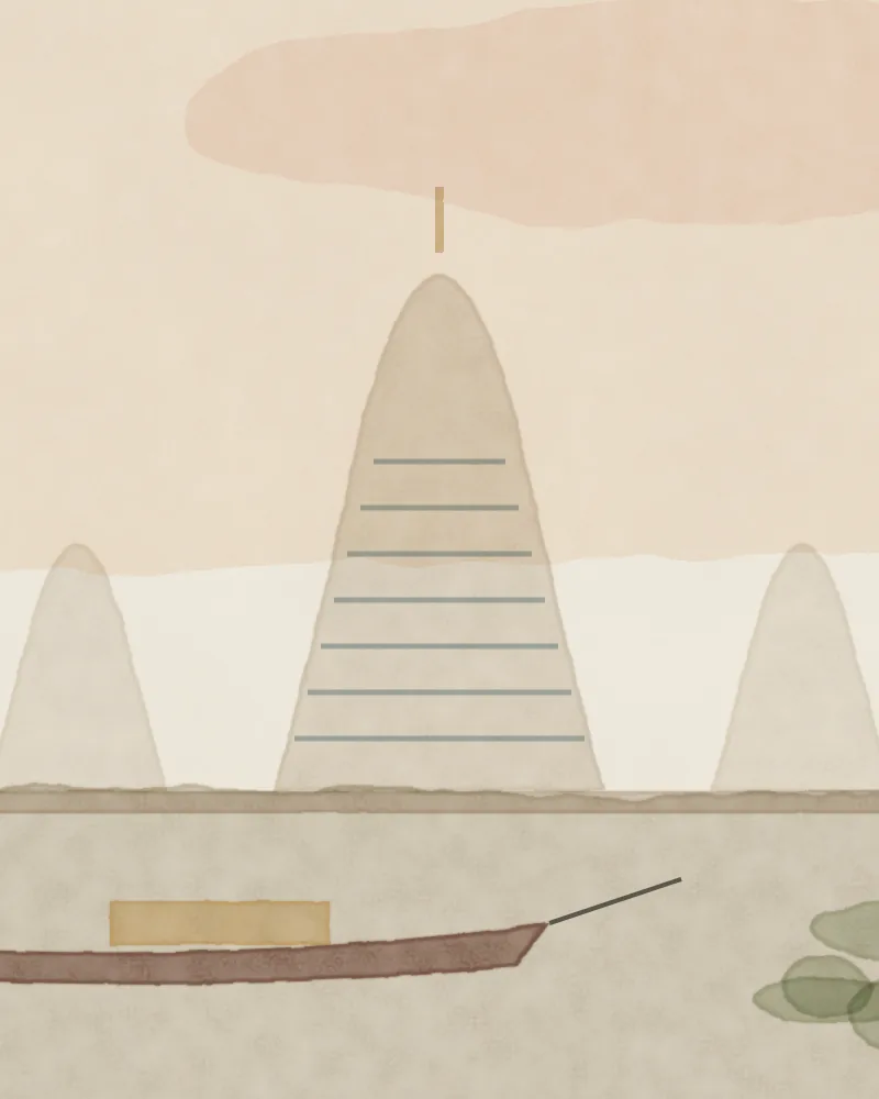 Watercolour of Bangkok: the spires of Wat Arun by the river with a long-tail boat