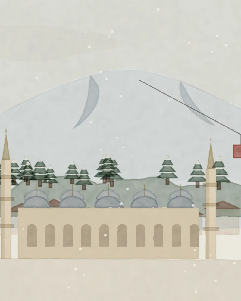 Watercolour of Bursa: the domes and minarets of Ulu Camii below the snowy slopes of Uludağ, with a gondola cabin climbing the mountain