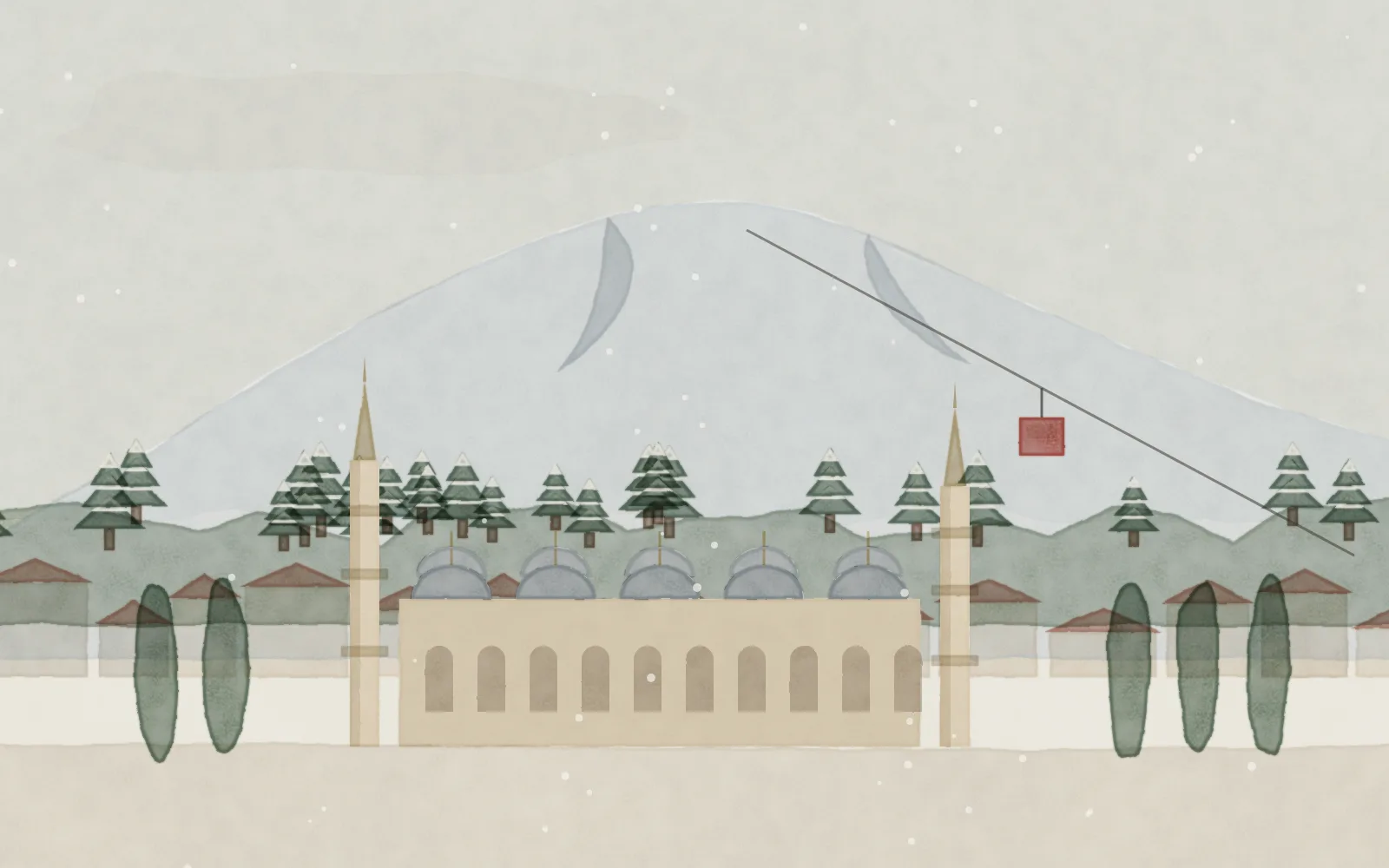Watercolour of Bursa: the domes and minarets of Ulu Camii below the snowy slopes of Uludağ, with a gondola cabin climbing the mountain