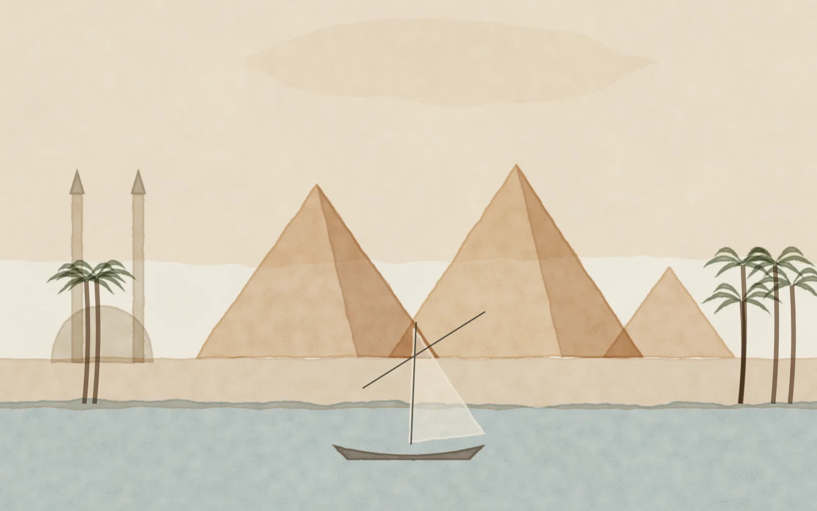 Watercolour of Cairo: the Giza pyramids above palms and minarets, with a felucca sailing on the Nile