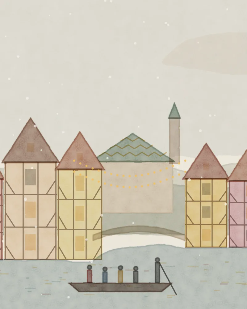 Watercolour of Colmar: colourful half-timbered houses leaning over the canal in Little Venice, with a small boat and Christmas lights at dusk