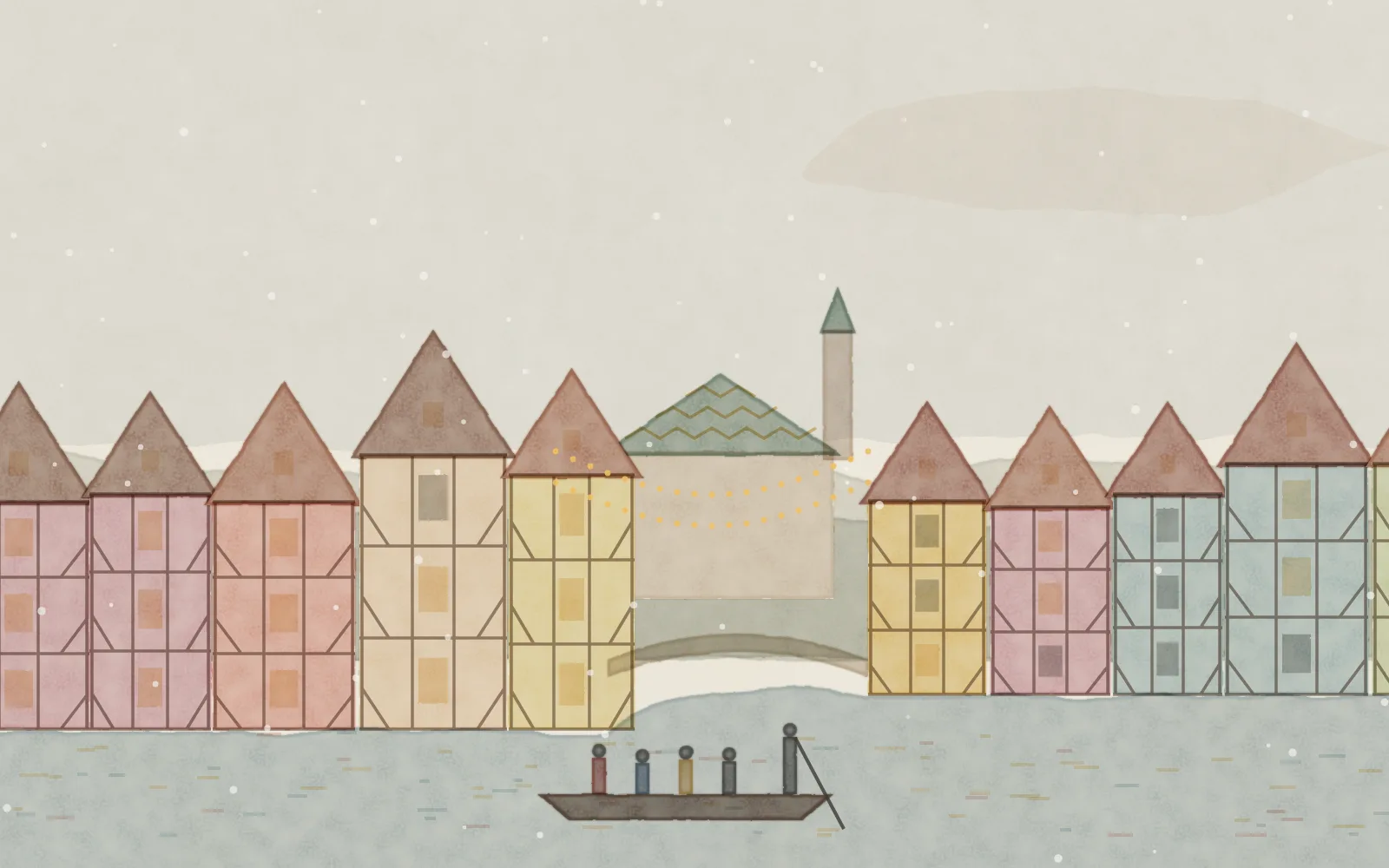 Watercolour of Colmar: colourful half-timbered houses leaning over the canal in Little Venice, with a small boat and Christmas lights at dusk