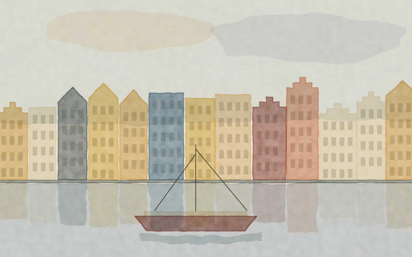Watercolour of Copenhagen: coloured gabled houses along the canal at Nyhavn with a sailing boat