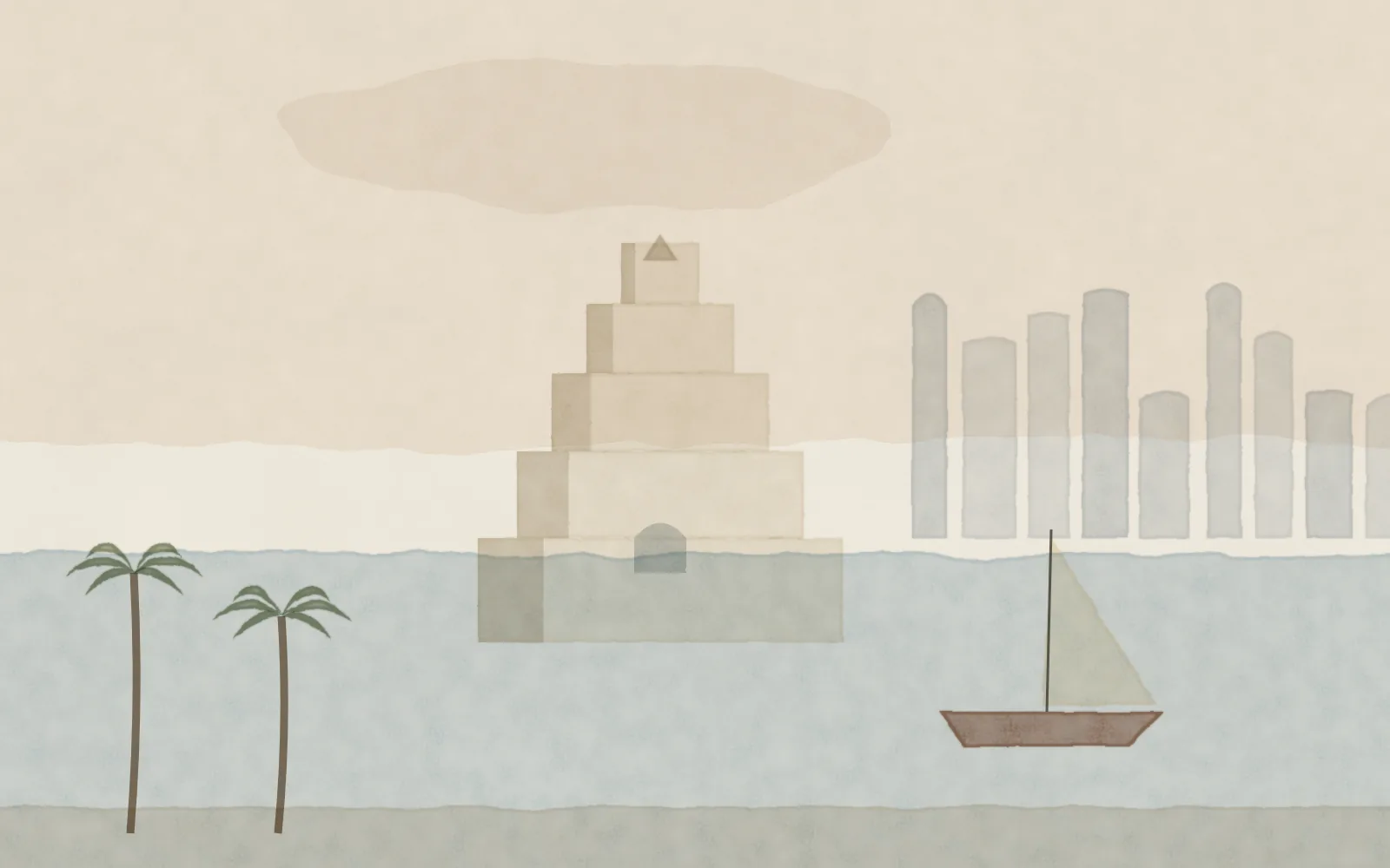 Watercolour of Doha: the stepped Museum of Islamic Art on the water, a dhow, palms and West Bay towers