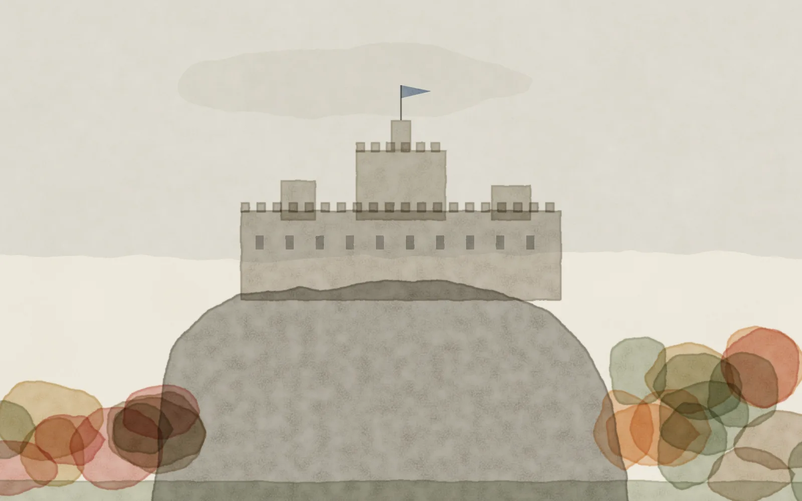 Watercolour of Edinburgh: the castle on its dark volcanic rock above autumn trees