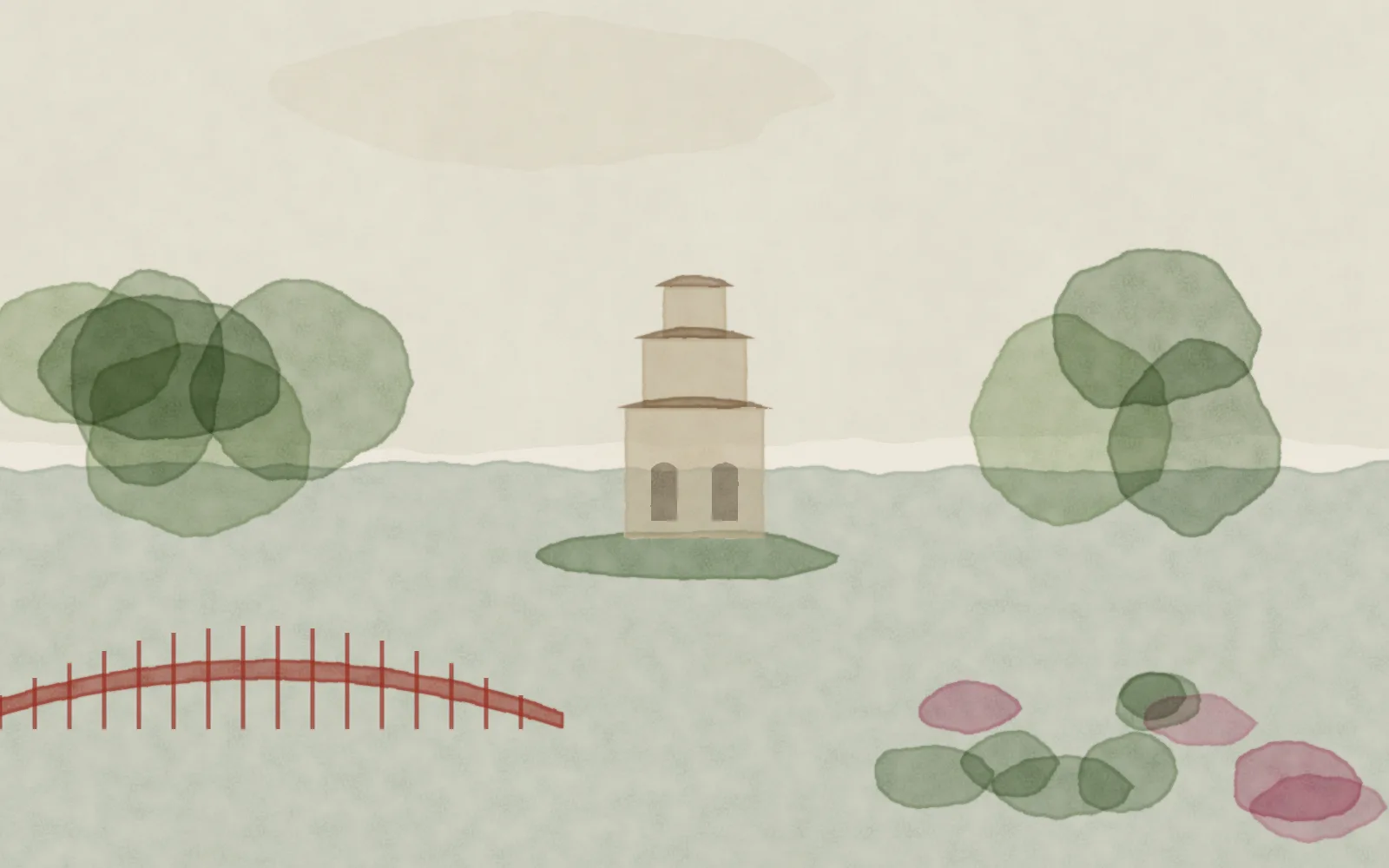 Watercolour of Hanoi: the Turtle Tower on its islet in Hoan Kiem Lake, with the red Huc Bridge