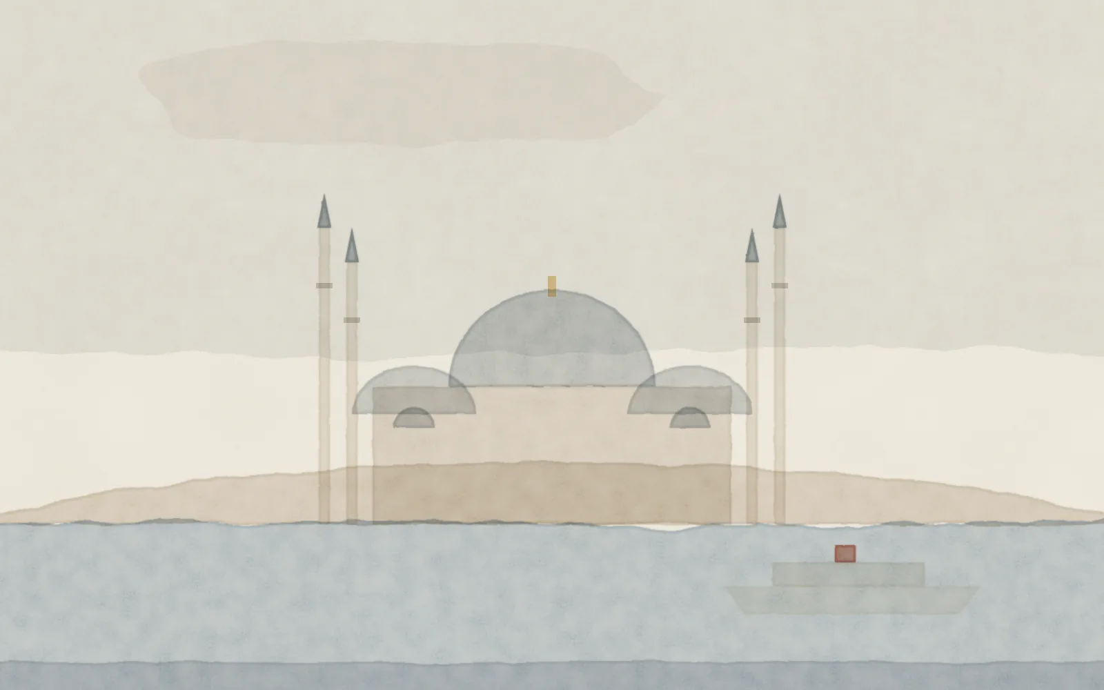 Watercolour of Istanbul: a domed mosque with four slender minarets above the Bosphorus and a passing ferry
