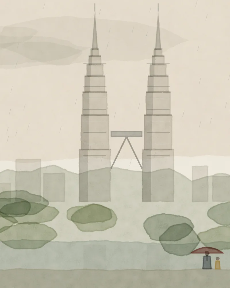Watercolour of Kuala Lumpur: the Petronas Twin Towers and their skybridge rising above KLCC Park’s palms in soft monsoon rain, Merdeka 118 faint behind, a parent and child under a red umbrella.