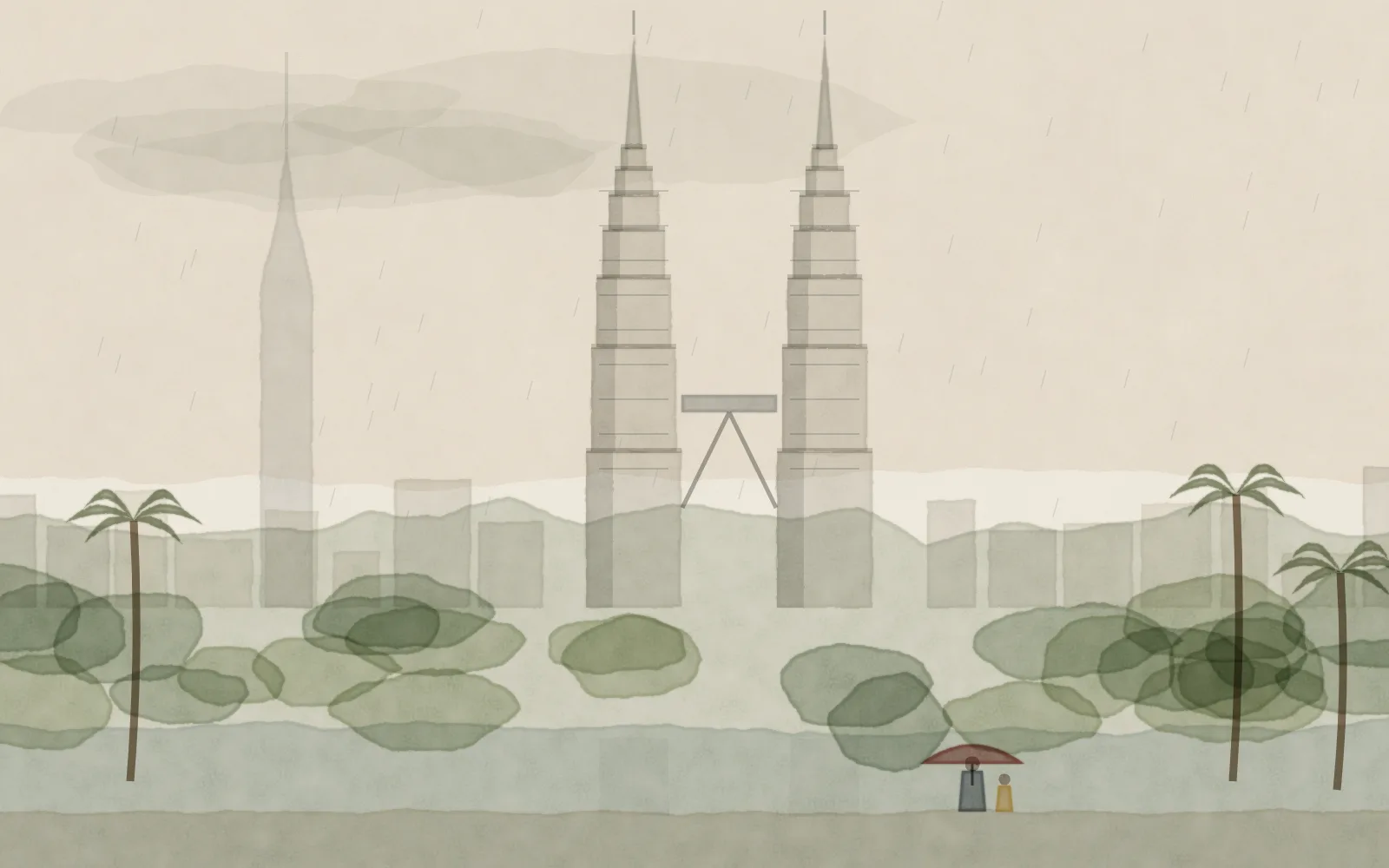 Watercolour of Kuala Lumpur: the Petronas Twin Towers and their skybridge rising above KLCC Park’s palms in soft monsoon rain, Merdeka 118 faint behind, a parent and child under a red umbrella.