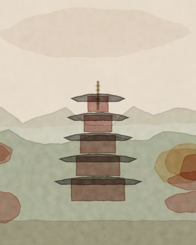 Watercolour of Kyoto: a five-storey pagoda among red autumn maples and green hills