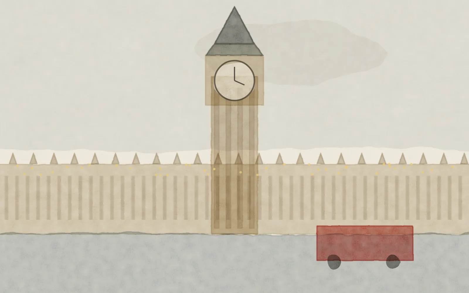 Watercolour of London: the Elizabeth Tower clock and Houses of Parliament by the Thames, with a red double-decker bus