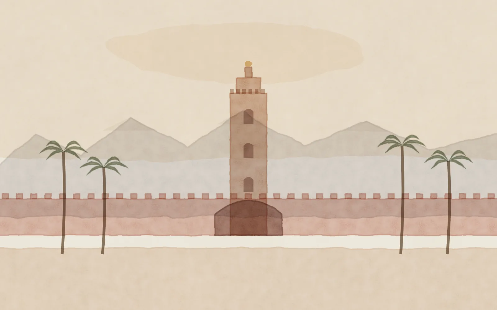 Watercolour of Marrakech: the Koutoubia minaret above pink medina walls and palms, with the snow-capped Atlas behind