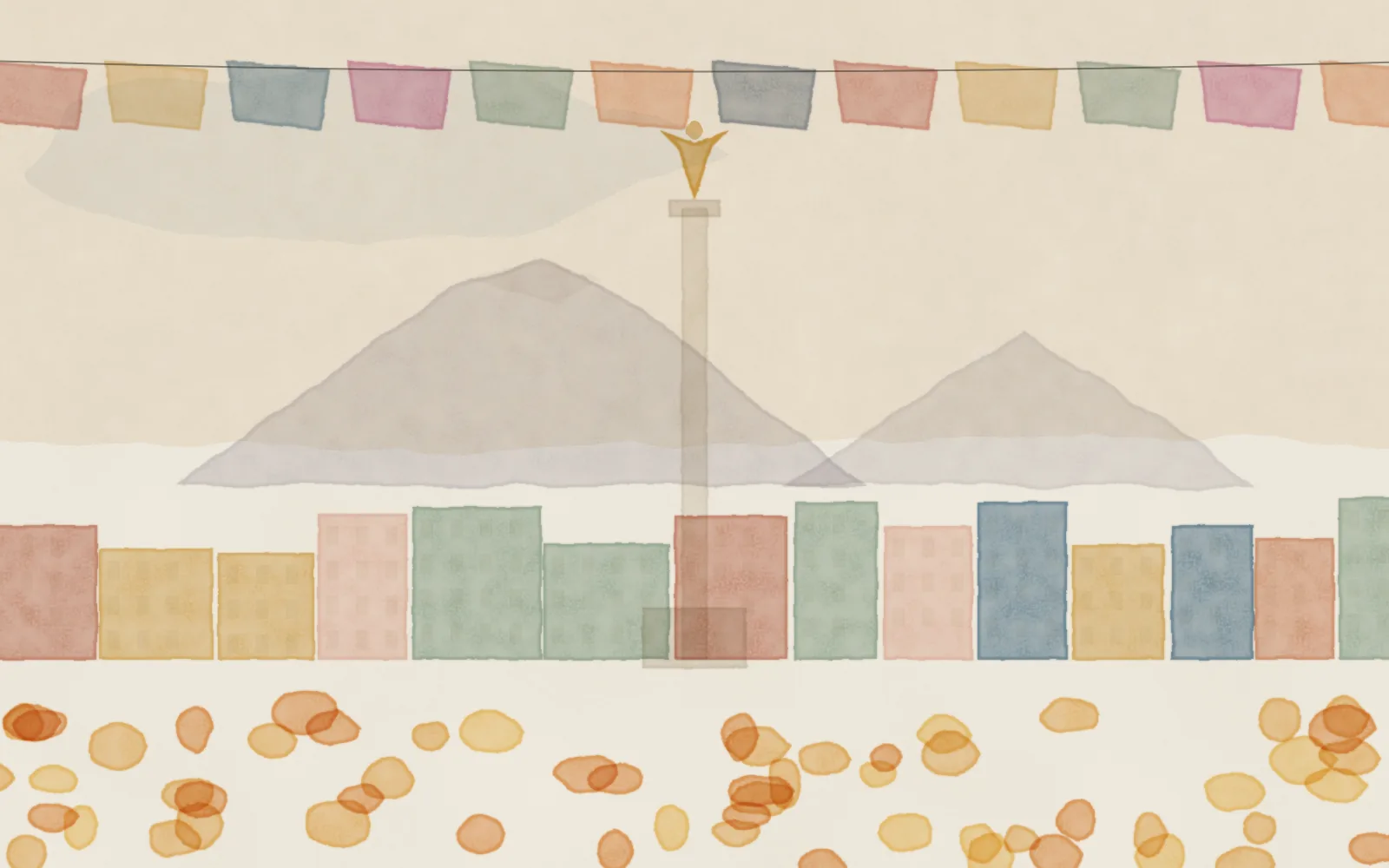 Watercolour of Mexico City: the Angel of Independence above colourful houses, papel picado and marigolds, volcanoes behind