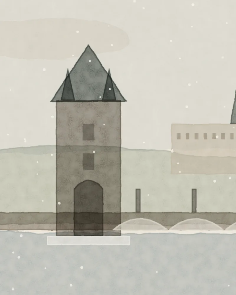 Watercolour of Prague: the Old Town Bridge Tower and Charles Bridge in falling snow, the castle on the hill behind