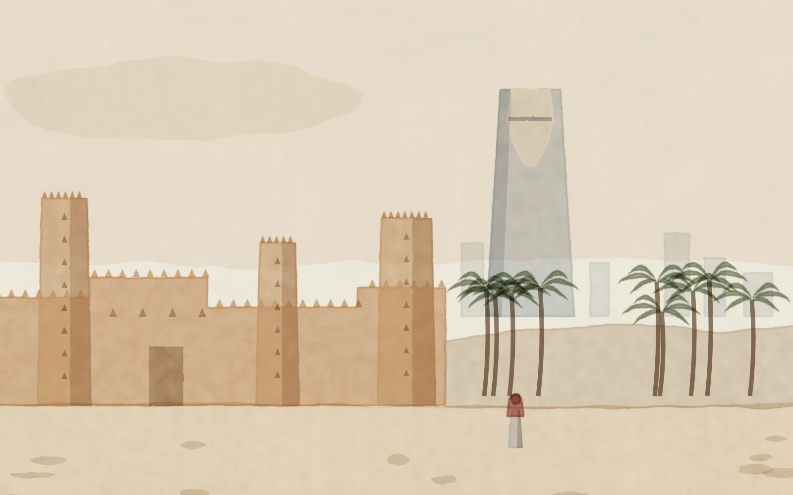 Watercolour of Riyadh: the mud-brick towers of At-Turaif in Diriyah in front of the Kingdom Centre’s arched skyline, with palms and a small figure walking below the walls.