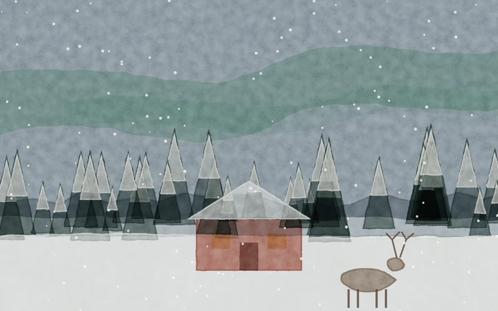 Watercolour of Lapland: a red cabin with a snowy roof among spruces, a reindeer and green northern lights