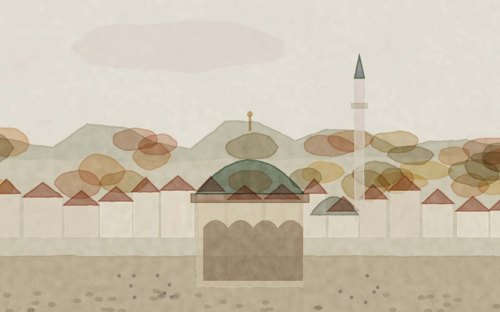Watercolour of Sarajevo: the domed Sebilj fountain in Baščaršija, a minaret and red roofs below autumn hills