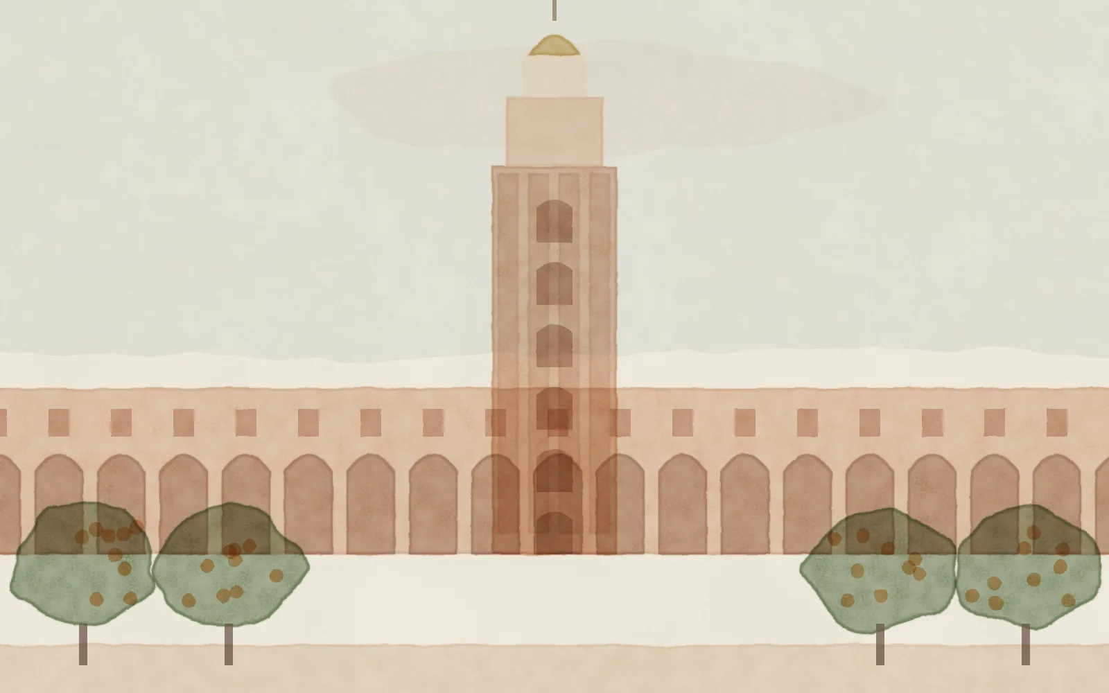 Watercolour of Seville: the Giralda tower above the arcades of Plaza de España and orange trees