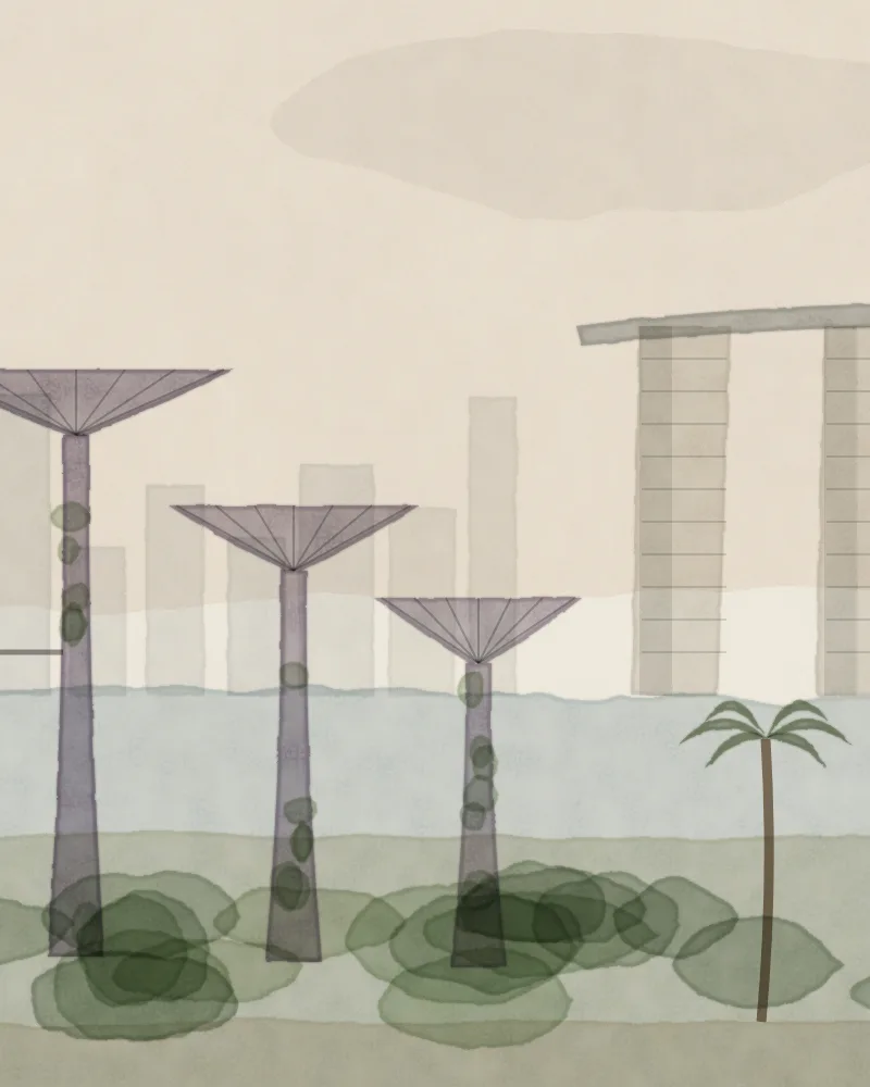 Watercolour of Singapore: Gardens by the Bay’s Supertrees and their skyway in front of the bay, Marina Bay Sands’ three towers and sky-park beyond, a parent and child on the garden path.