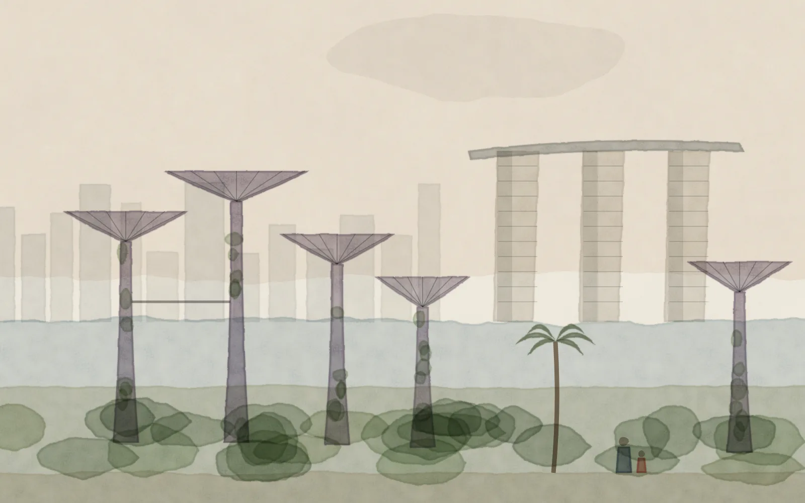 Watercolour of Singapore: Gardens by the Bay’s Supertrees and their skyway in front of the bay, Marina Bay Sands’ three towers and sky-park beyond, a parent and child on the garden path.