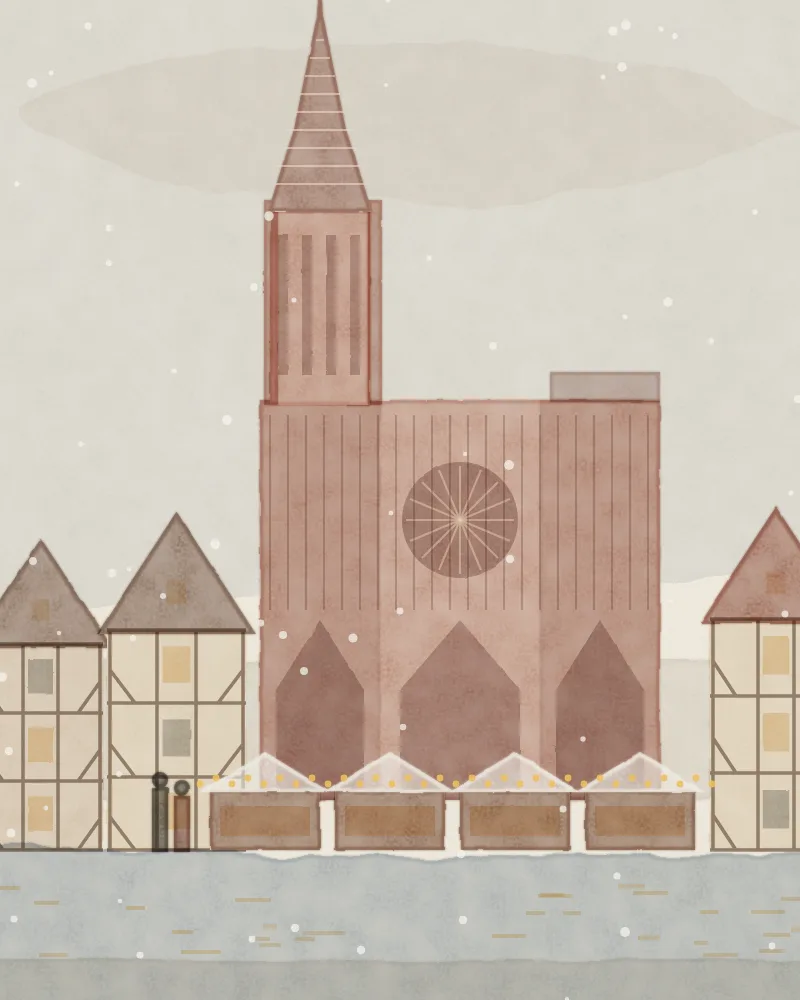 Watercolour of Strasbourg: the pink sandstone cathedral and its single spire above half-timbered houses on the canal, with a lit Christmas market in the snow