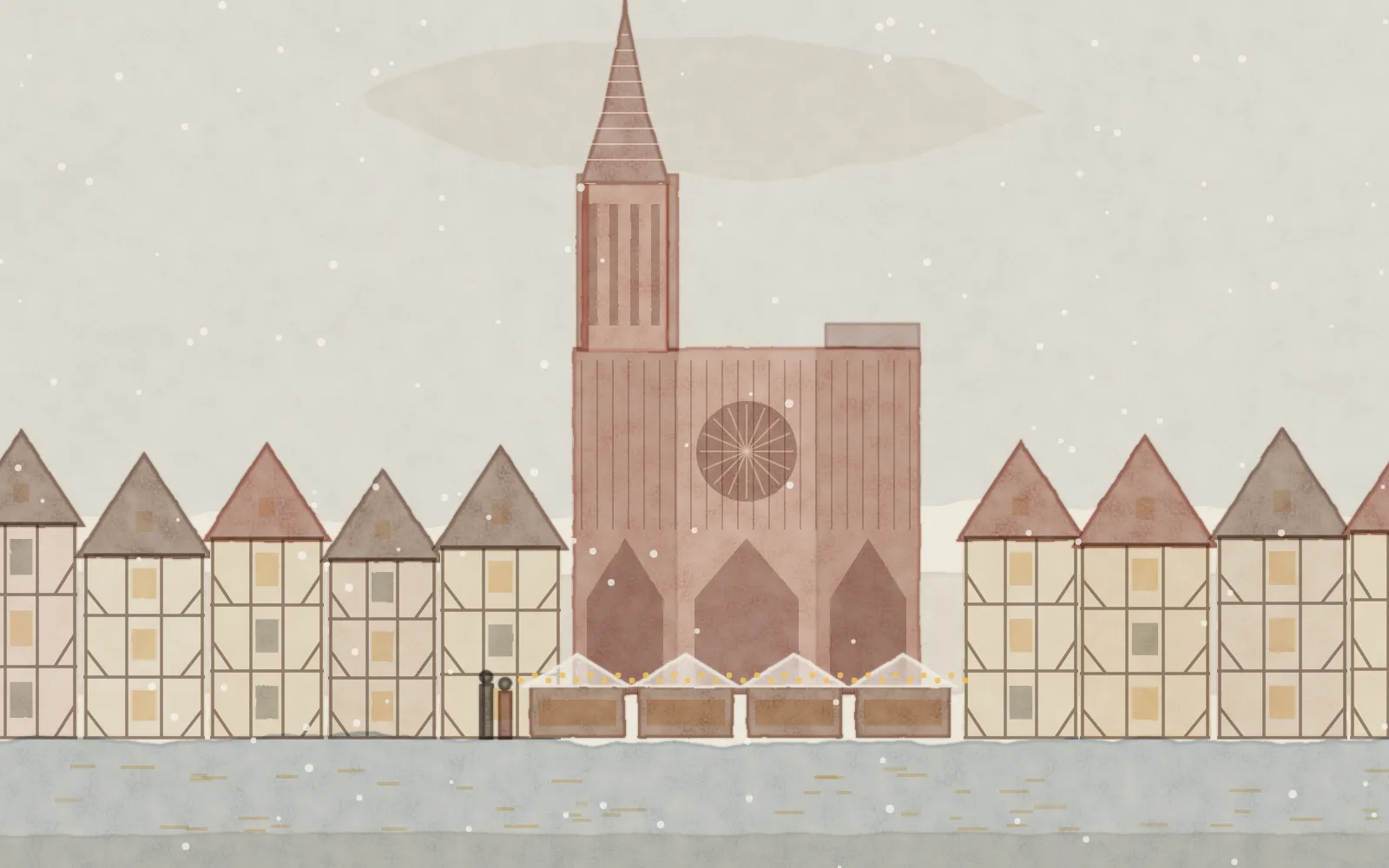 Watercolour of Strasbourg: the pink sandstone cathedral and its single spire above half-timbered houses on the canal, with a lit Christmas market in the snow
