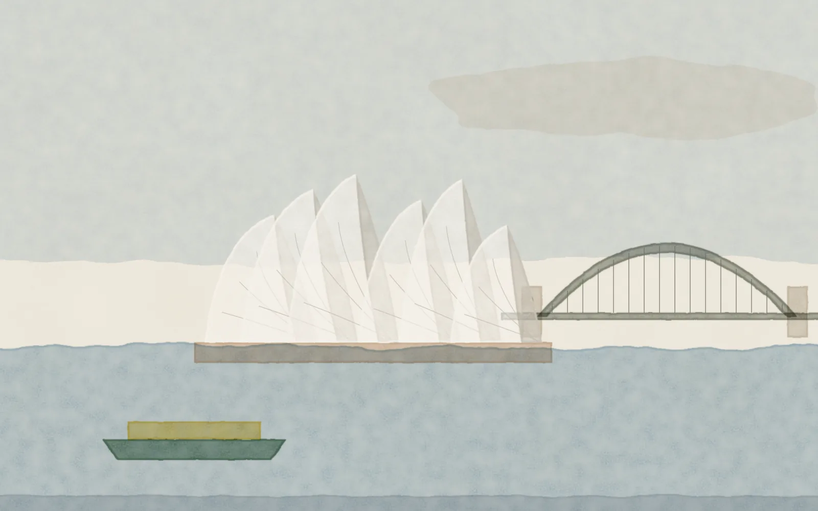 Watercolour of Sydney: the Opera House shells and the Harbour Bridge arch over the harbour, with a ferry