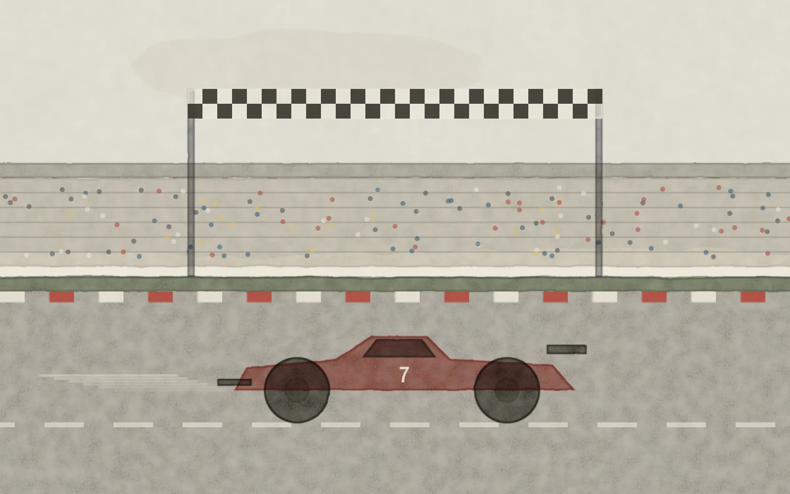 Watercolour of a race car on a circuit with a chequered flag